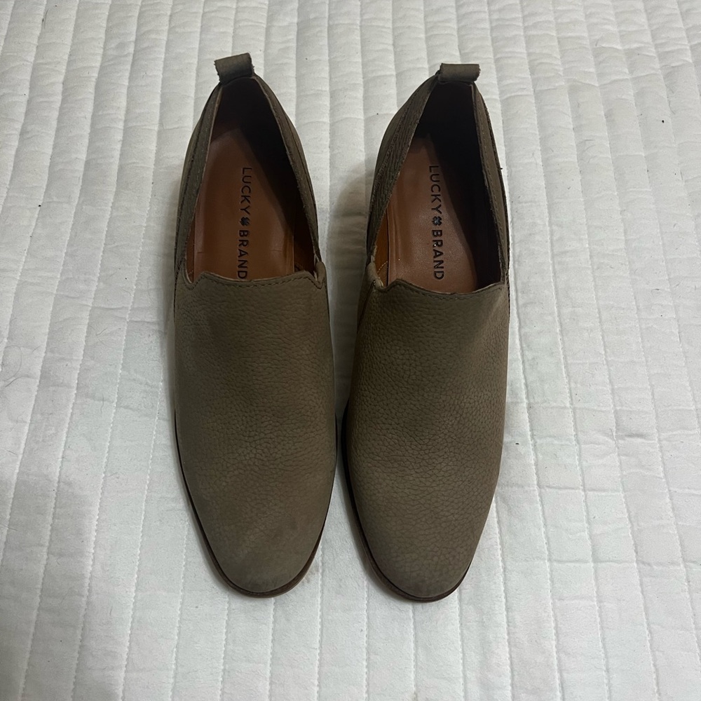 Lucky Brand Womens 8 Vennia Tan Leather Ankle Booties Slip On Block Heels Boho
